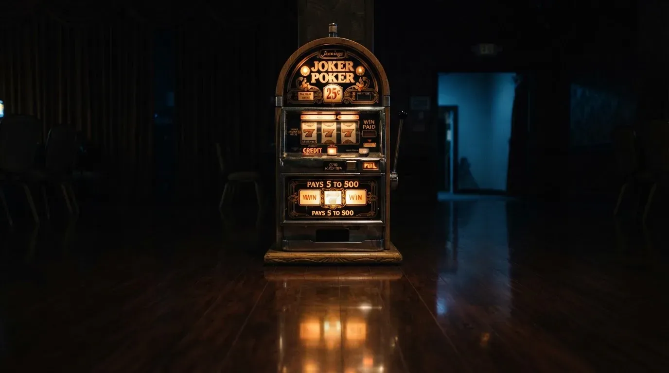 En gammal spelautomat lyser i den dunkla hallen och speglar sig i golvet — casinon med slots i sverige