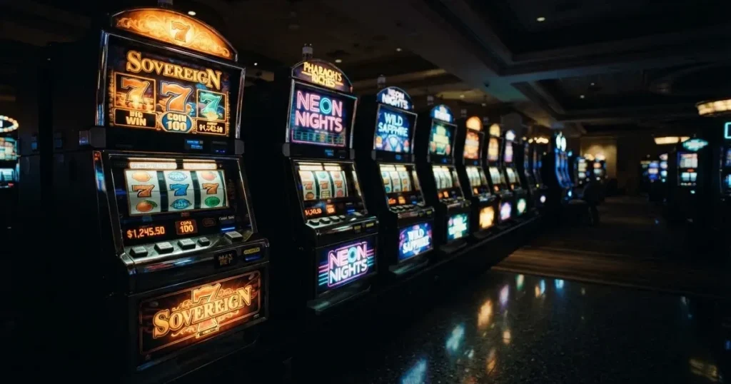En rad spelskåp i en dunkel hall, rullarna lyser i olika färger och golvet speglar dem — casinon med slots i sverige