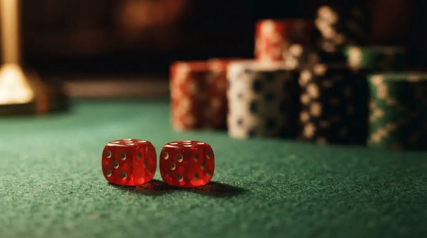 Röda tärningar vilar på grönt filt, bakom dem suddiga torn av spelmarker i kvällsdunklet — casinon med spelautomater i sverige