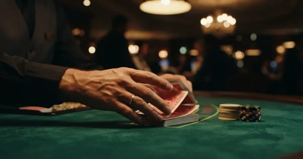 Croupierens händer blandar kort på grönt filt, taklampan speglas i den blanka kortbunten — casinon med spelautomater i sverige