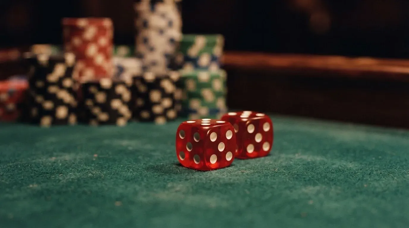 Röda tärningar vilar på grönt filt, bakom dem suddiga torn av spelmarker i kvällsdunklet — casinon med uttag i sverige
