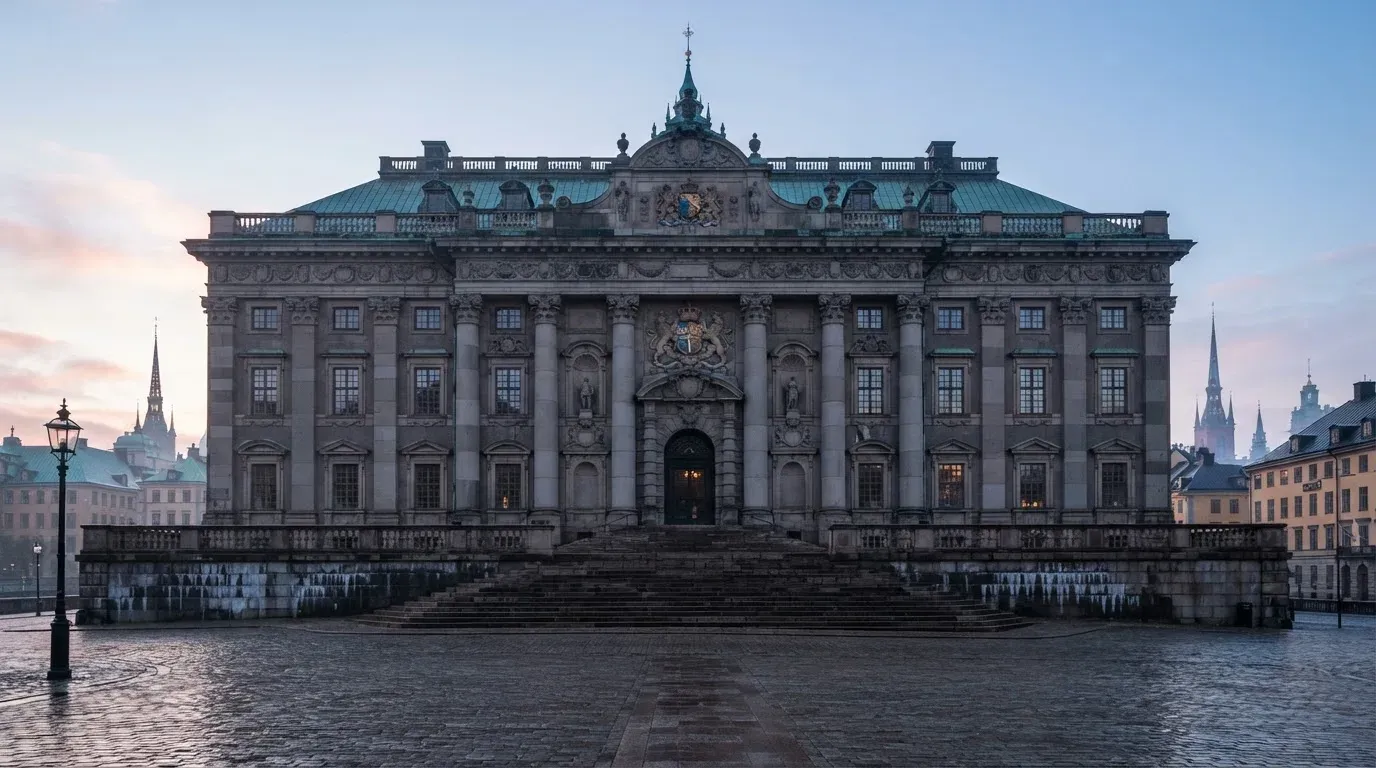Stenfasad på en statlig byggnad i Stockholm vid gryning, höga pelare och ett tomt torg framför — casinon med uttag i sverige