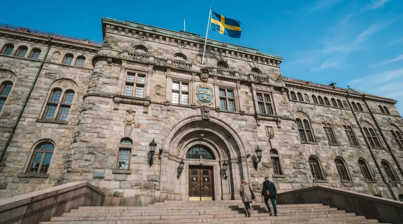 Ett gammalt stadshus i sten fotograferat underifrån mot en klarblå himmel, med den svenska flaggan som fladdrar ovanför entrén.
