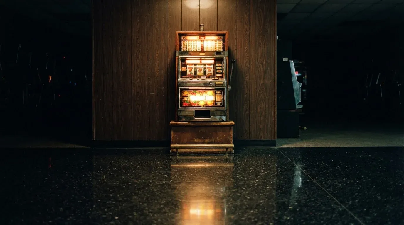 En gammal spelautomat lyser i den dunkla hallen och speglar sig i golvet — casinon utan bankid i sverige