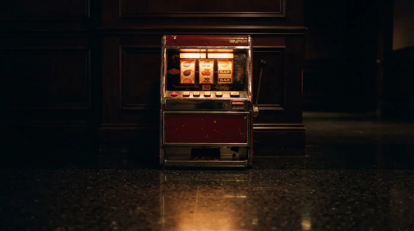 En gammal spelautomat lyser i den dunkla hallen och speglar sig i golvet — casinon utan omsättningskrav