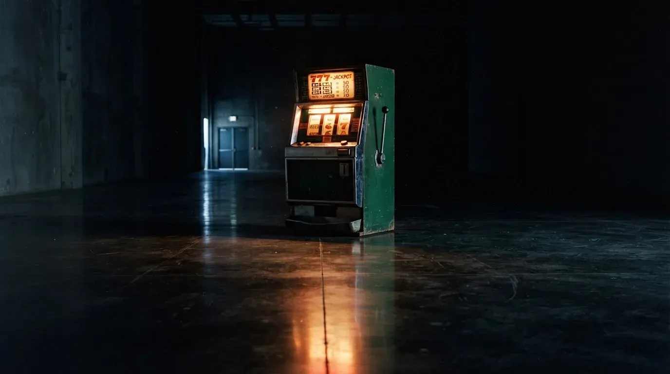 En gammal spelautomat lyser i den dunkla hallen och speglar sig i golvet — casinon utan spelgräns i sverige