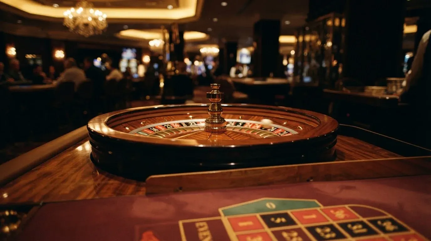 Ett roulettehjul snurrar på ett blankt träbord, den vita kulan glimmar i takljusets guld — casinon utomlands för svenskar