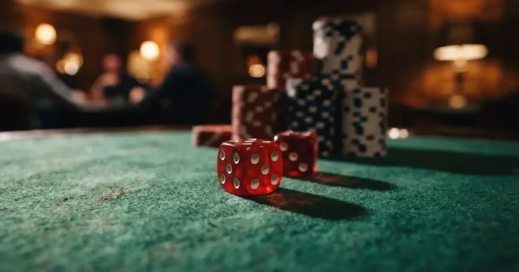 Röda tärningar vilar på grönt filt, bakom dem suddiga torn av spelmarker i kvällsdunklet — casinospel i sverige