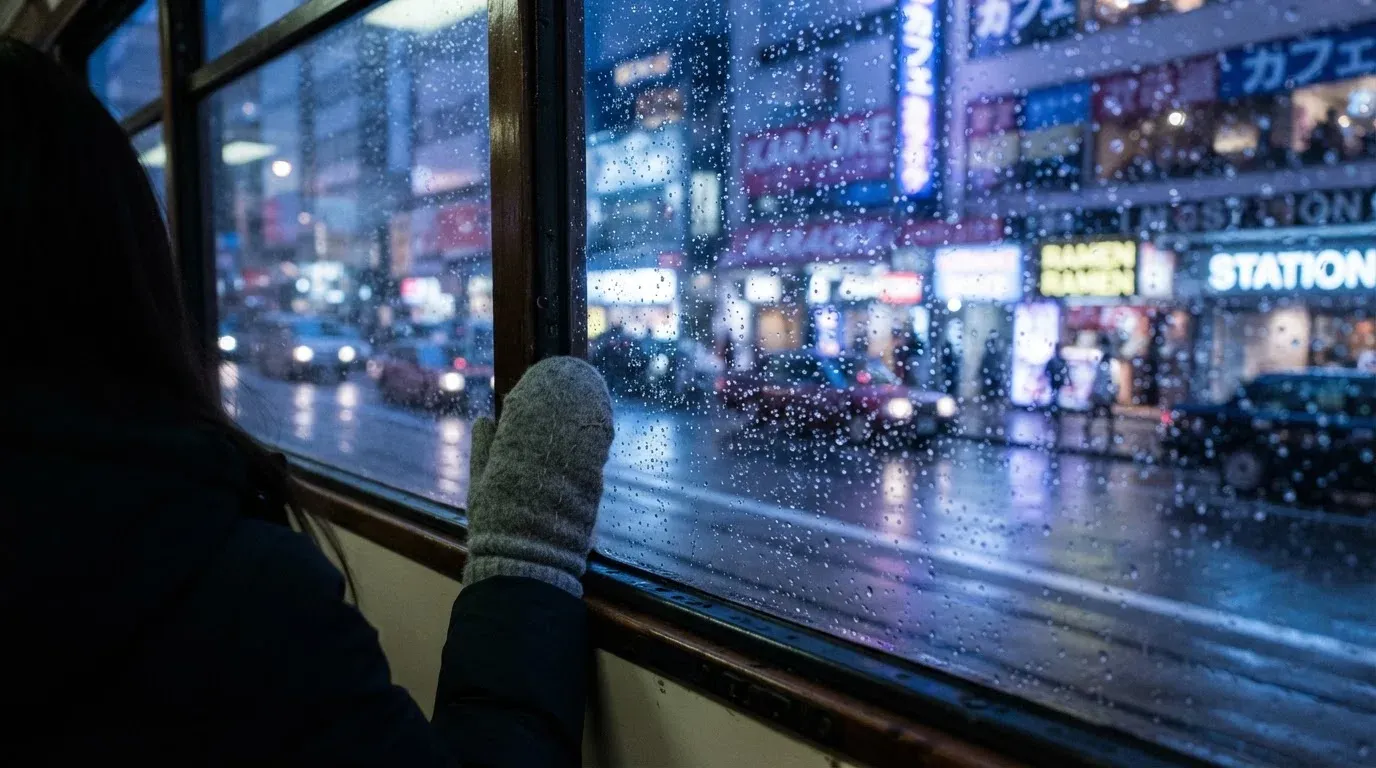 Regndroppar på en spårvagnsruta, bakom glaset en blånande gata, en mjuk yllevante i handen — casinospel i sverige