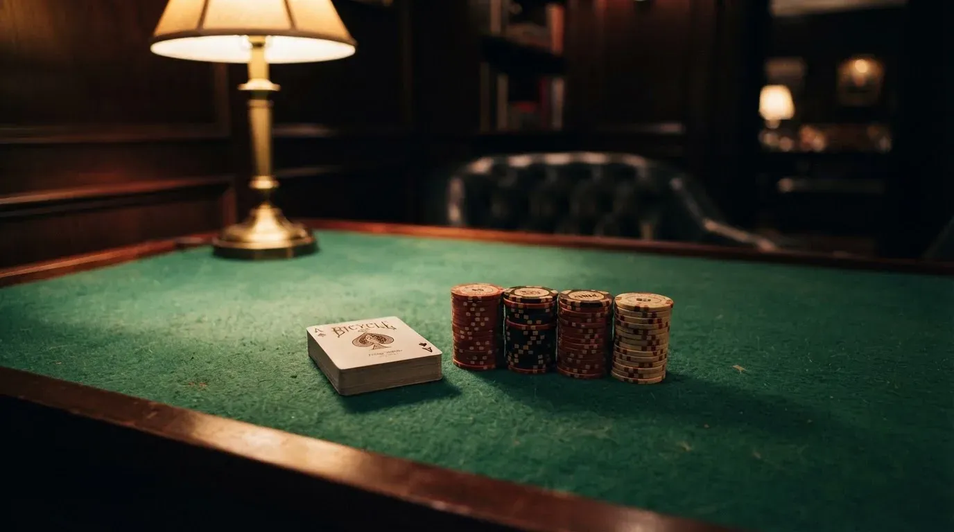 Kortlek och staplar av spelmarker på ett grönt filtbord i en dunkel salong, varmt lampsken — casinostugan för svenskar