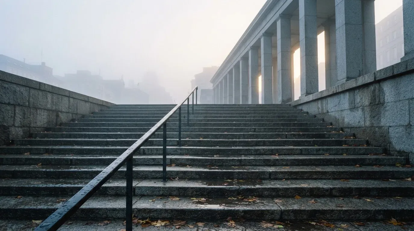Grå granittrappa upp till en pelargång en dimmig morgon, räcket glänser av fukt — gratissnurr för svenskar
