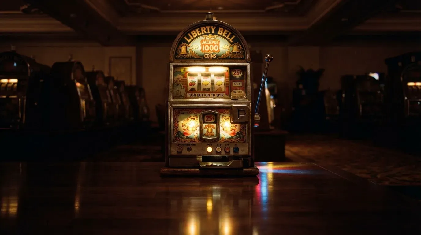 En gammal spelautomat lyser i den dunkla hallen och speglar sig i golvet — hur fungerar casino på nätet