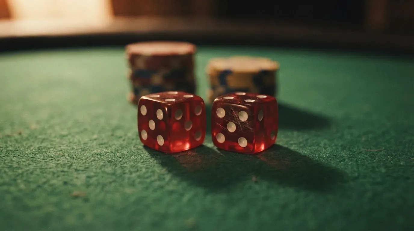 Röda tärningar vilar på grönt filt, bakom dem suddiga torn av spelmarker i kvällsdunklet — hur man vinner på casino