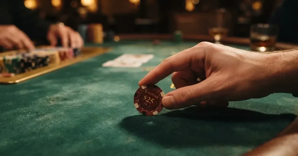 En hand skjuter en spelmark över filten, ljuset träffar fingrarna och markernas kanter glänser — hur man vinner på casino