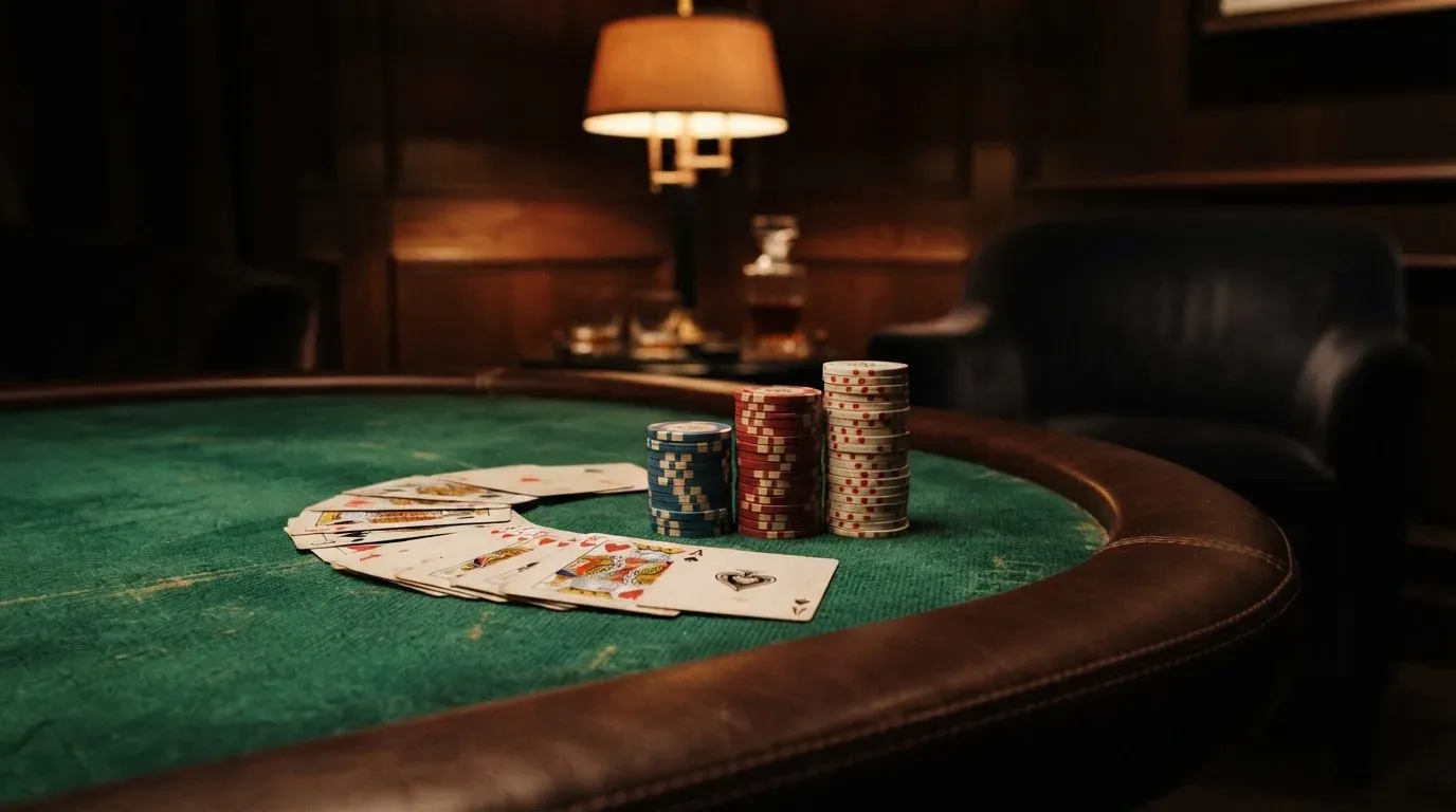 Kortlek och staplar av spelmarker på ett grönt filtbord i en dunkel salong, varmt lampsken — jämförelse av casinon i sverige
