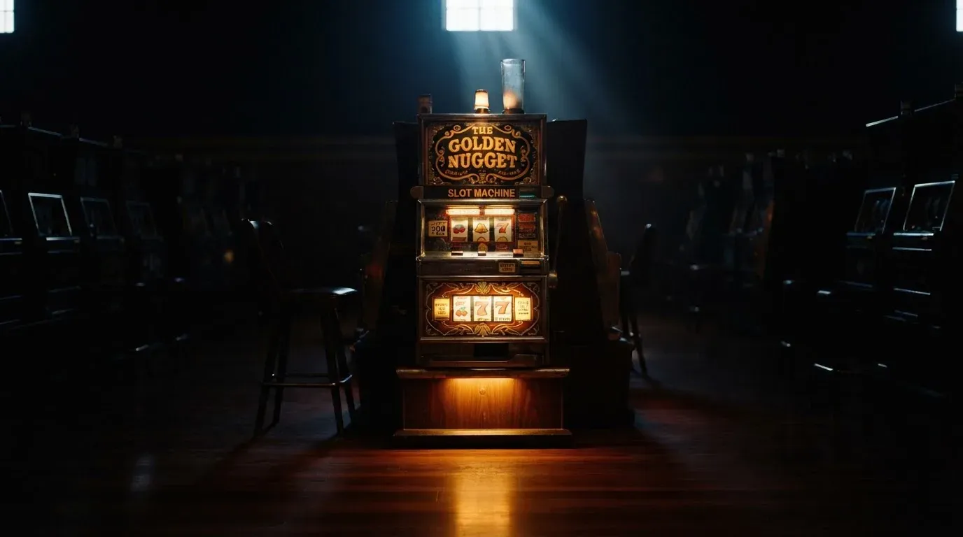 En gammal spelautomat lyser i den dunkla hallen och speglar sig i golvet — kampanjer på casinon i sverige