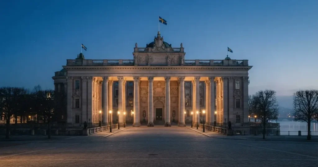 Stenfasad på en statlig byggnad i Stockholm vid gryning, höga pelare och ett tomt torg framför — kasinon utan licens i sverige
