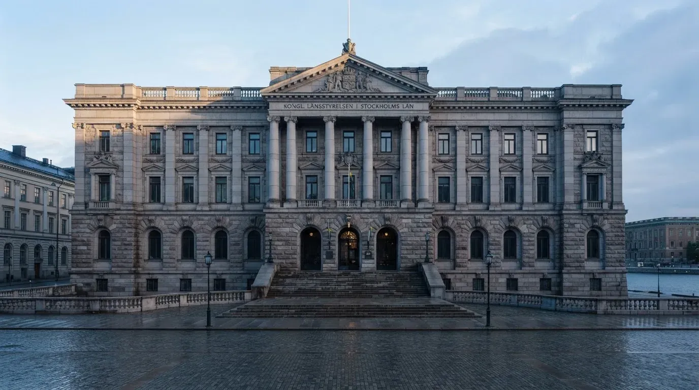Stenfasad på en statlig byggnad i Stockholm vid gryning, höga pelare och ett tomt torg framför — kasinospel i sverige