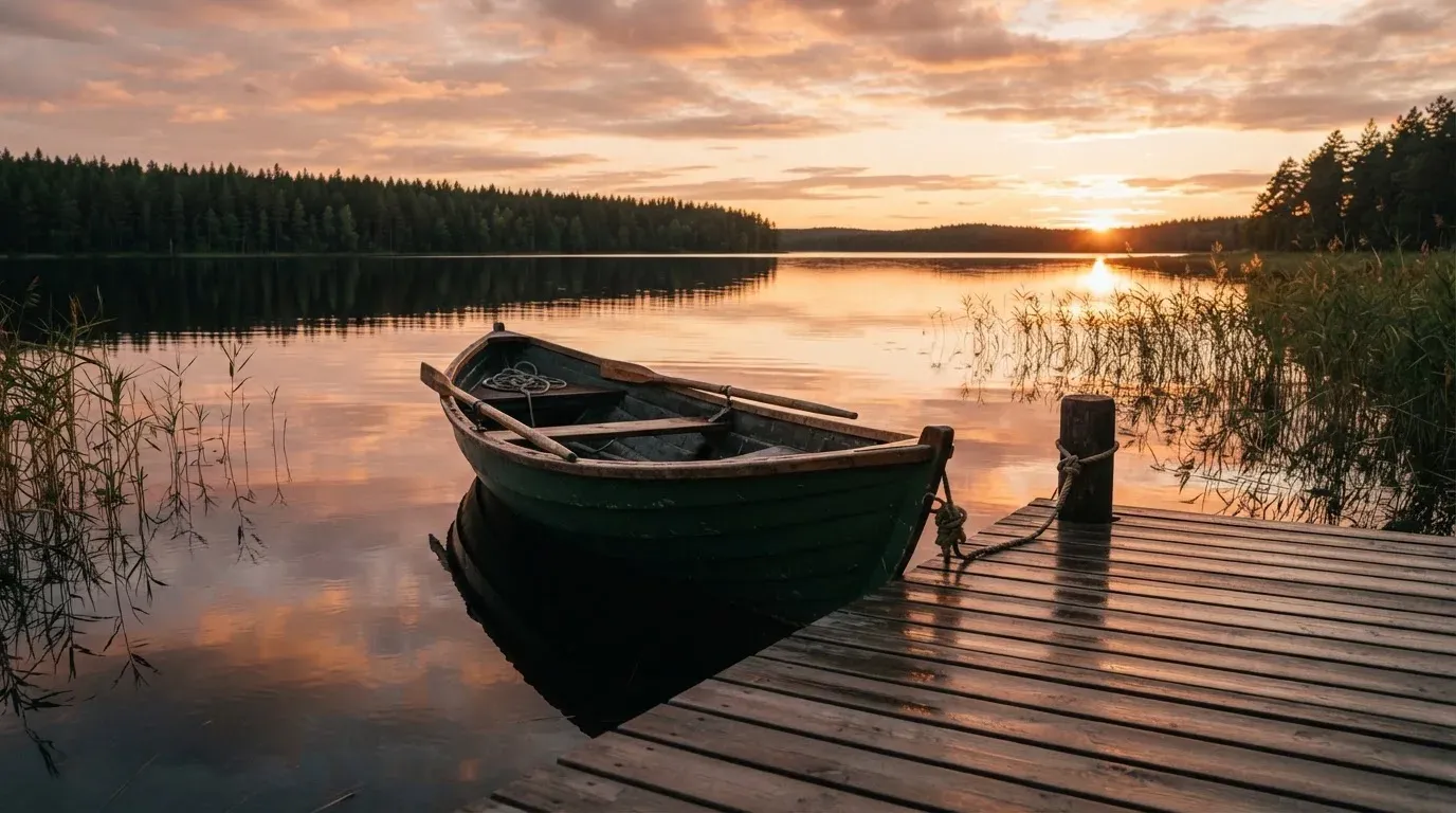 En brygga vid en stilla sjö i solnedgång, roddbåten förtöjd och molnen speglas i vattnet — kasinospel i sverige