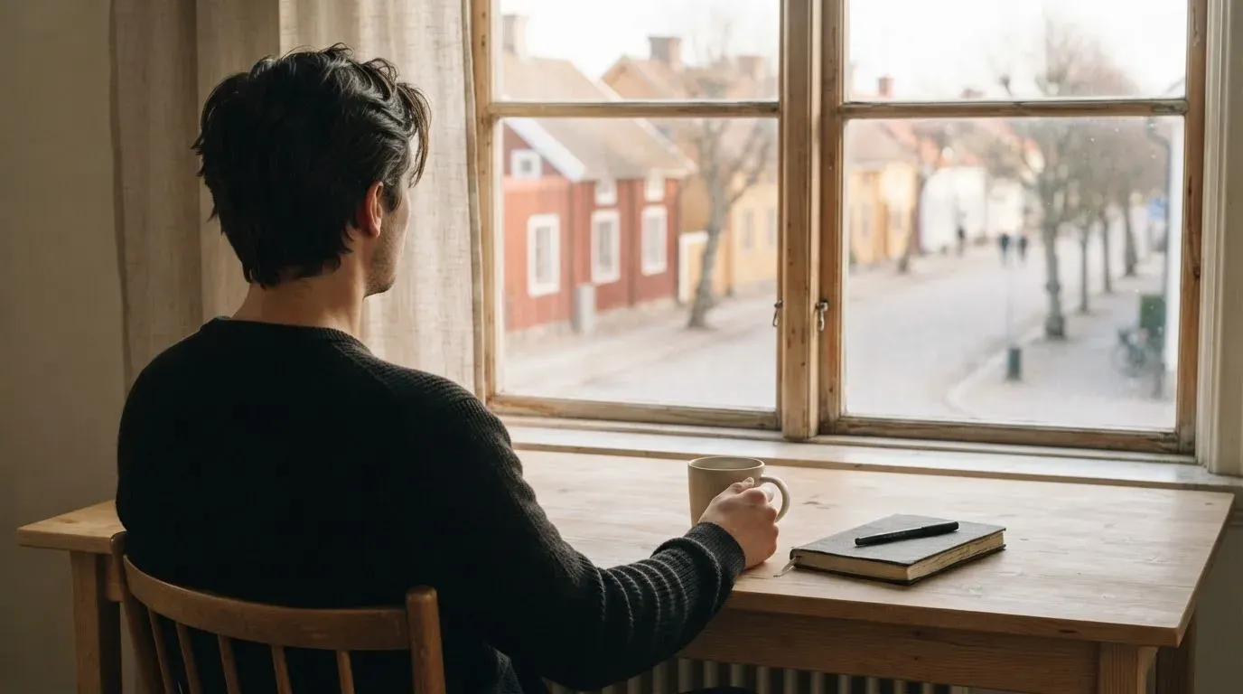 En person sitter vid ett skrivbord hemma med en kopp kaffe och tittar ut genom fönstret i mjukt morgonljus.