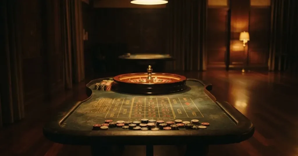 Ett halvmåneformat kortbord i en tyst sal, spelmarker framför varje plats och mjukt takljus — lightning roulette i sverige