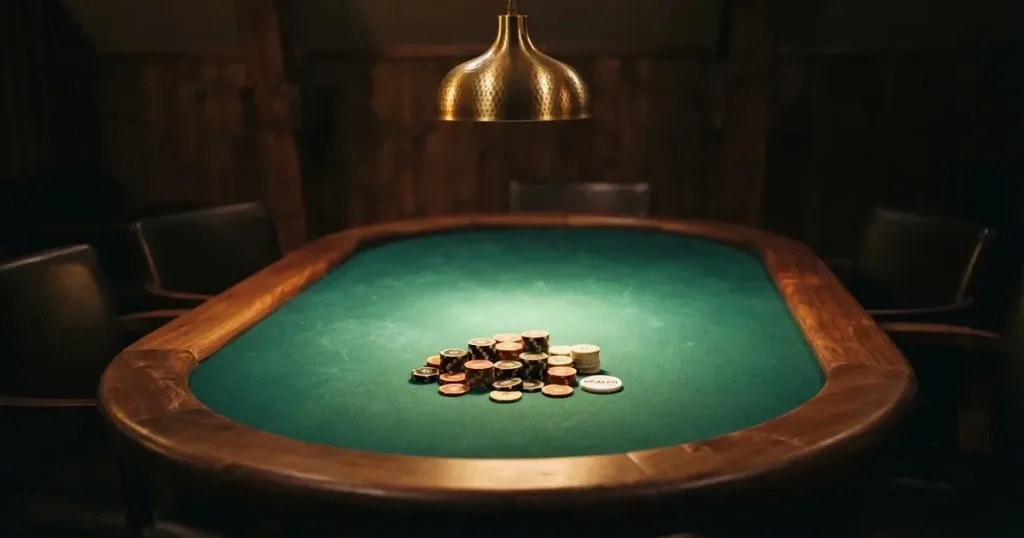 Ett ovalt pokerbord under en lågt hängande lampa, med spelmarker och en vit bricka i ljuset — live kasino i sverige