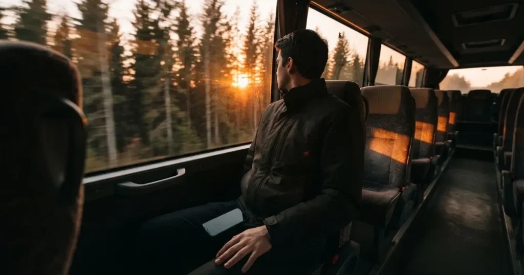 En passagerare vid bussfönstret med en stängd mobil i knät, granar flimrar förbi i solnedgång — mobil kasino i sverige