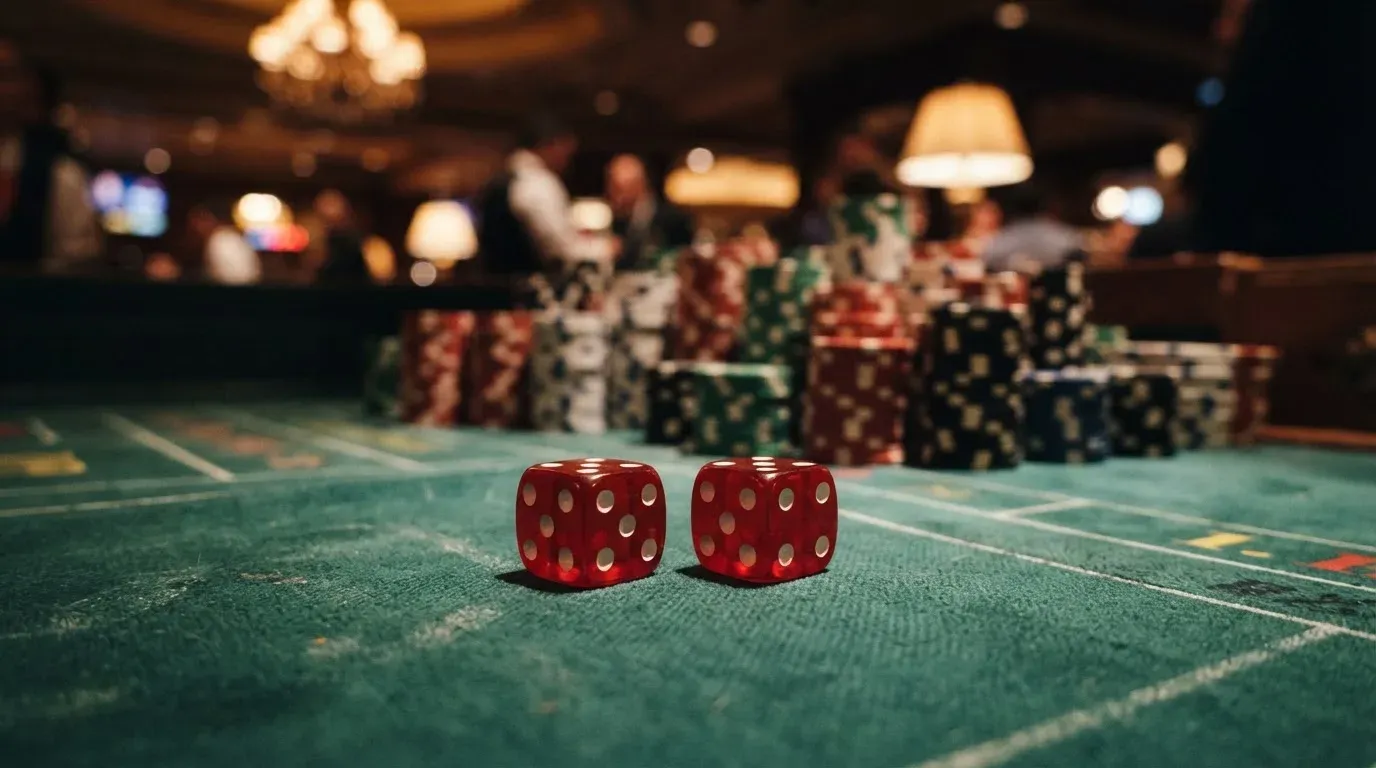 Röda tärningar vilar på grönt filt, bakom dem suddiga torn av spelmarker i kvällsdunklet — nytt casinon i sverige