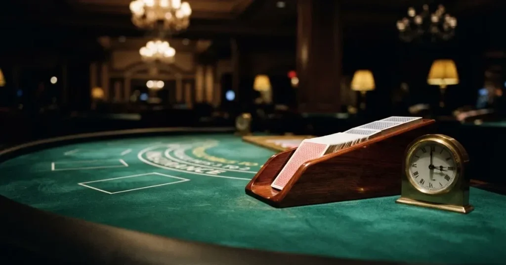 Grönt filt och en lång kortlåda av trä vid bordskanten, bredvid en blank mässingsklocka — online blackjack i sverige