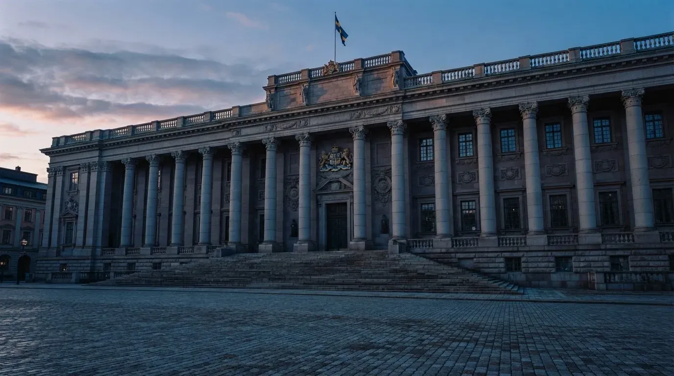 Stenfasad på en statlig byggnad i Stockholm vid gryning, höga pelare och ett tomt torg framför — online blackjack i sverige