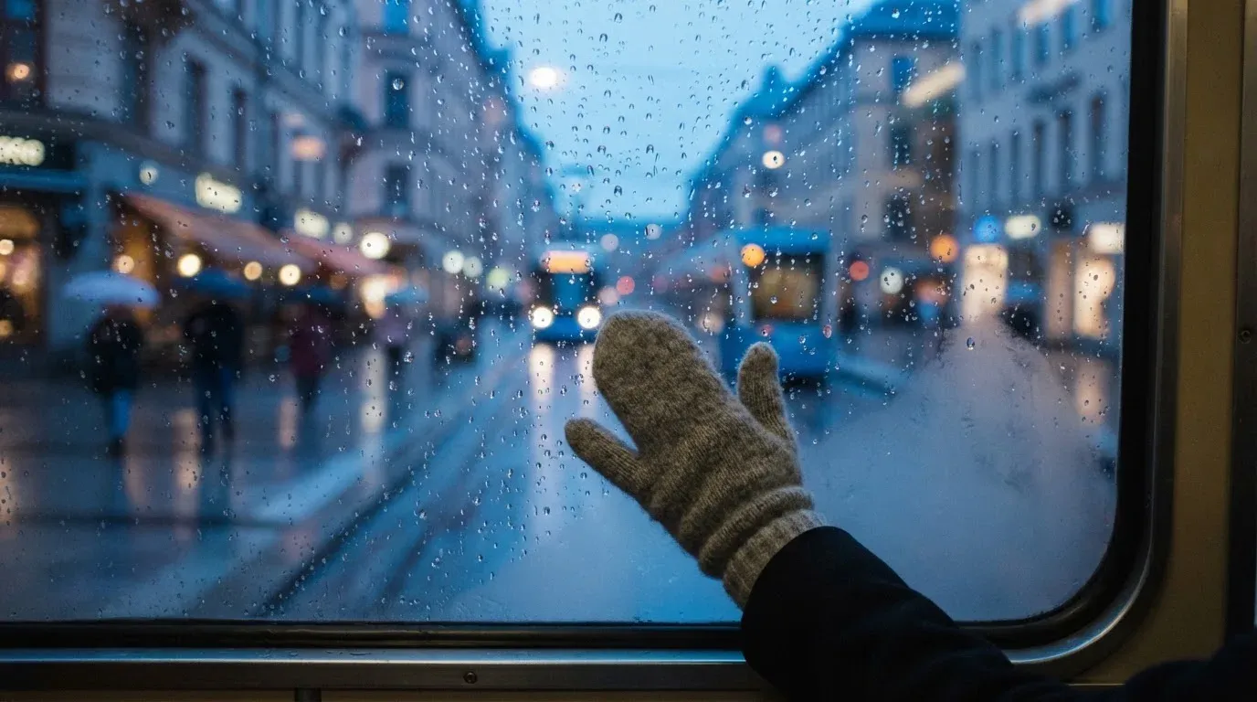 Regndroppar på en spårvagnsruta, bakom glaset en blånande gata, en mjuk yllevante i handen — online kasino i sverige