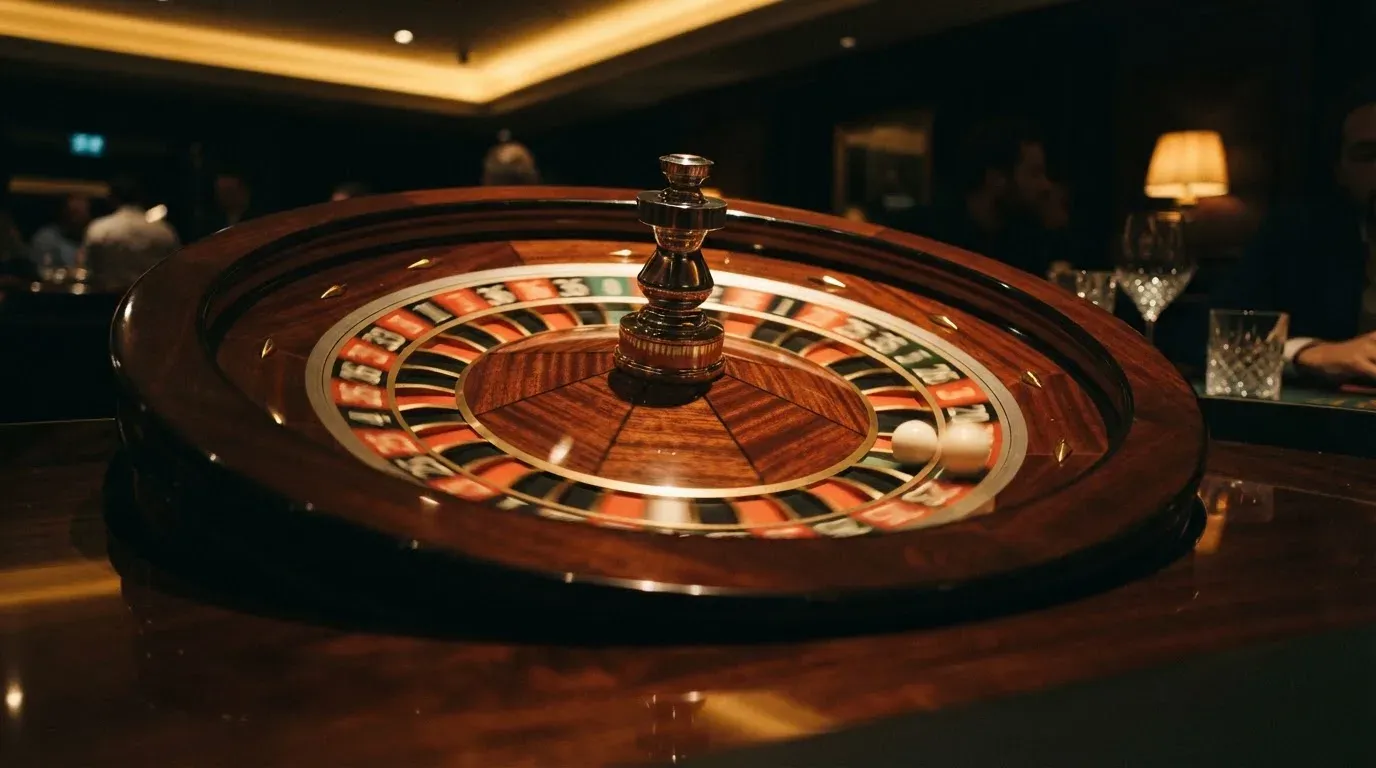 Ett roulettehjul snurrar på ett blankt träbord, den vita kulan glimmar i takljusets guld — online spelautomater i sverige
