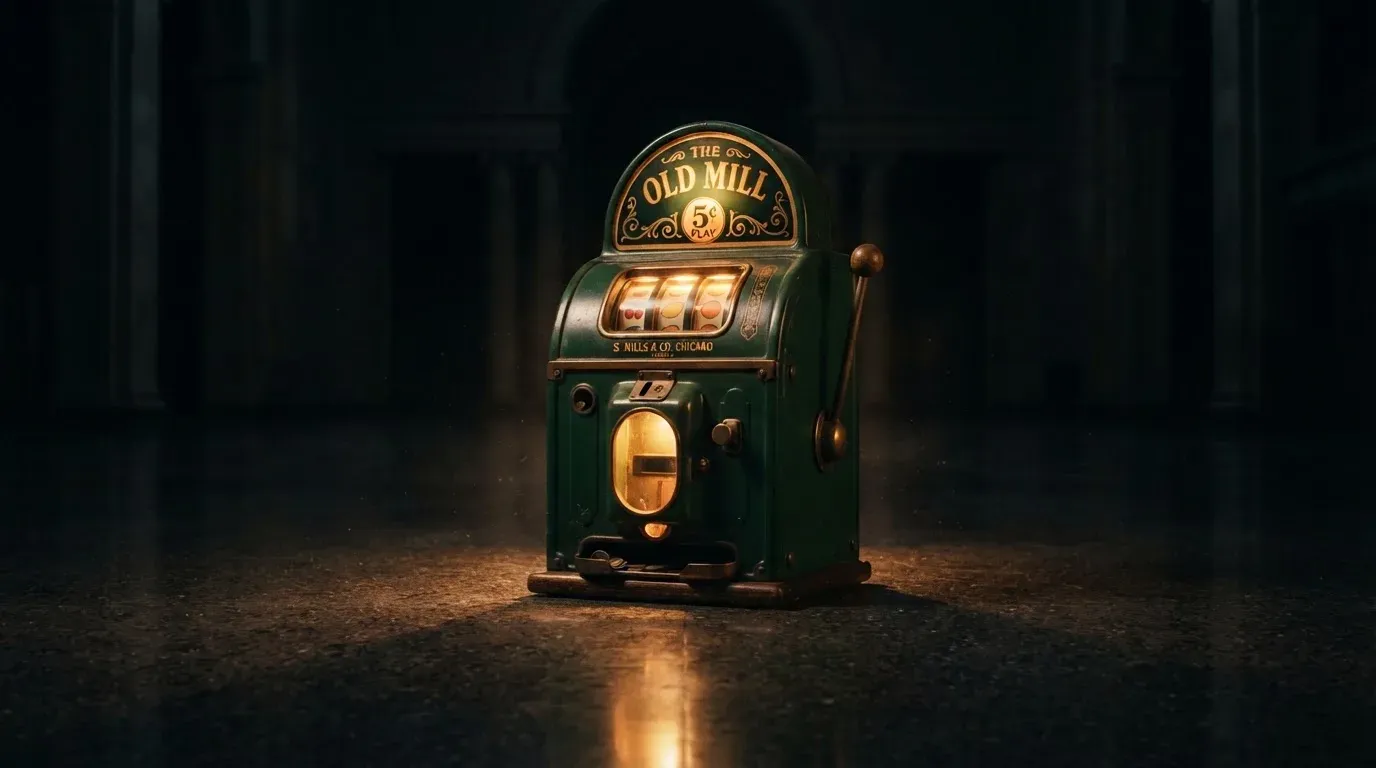 En gammal spelautomat lyser i den dunkla hallen och speglar sig i golvet — populära casinon i sverige