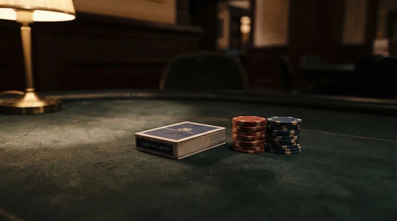 Kortlek och staplar av spelmarker på ett grönt filtbord i en dunkel salong, varmt lampsken — roulette gratis i sverige