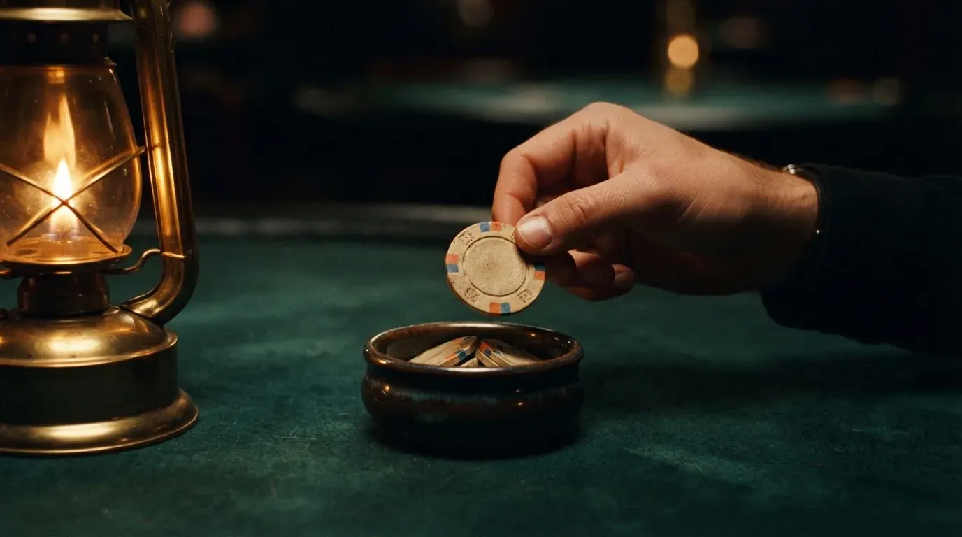En hand lyfter en spelmark ur en skål, ljuslågan färgar bordet gyllenbrunt — roulette med bonus i sverige