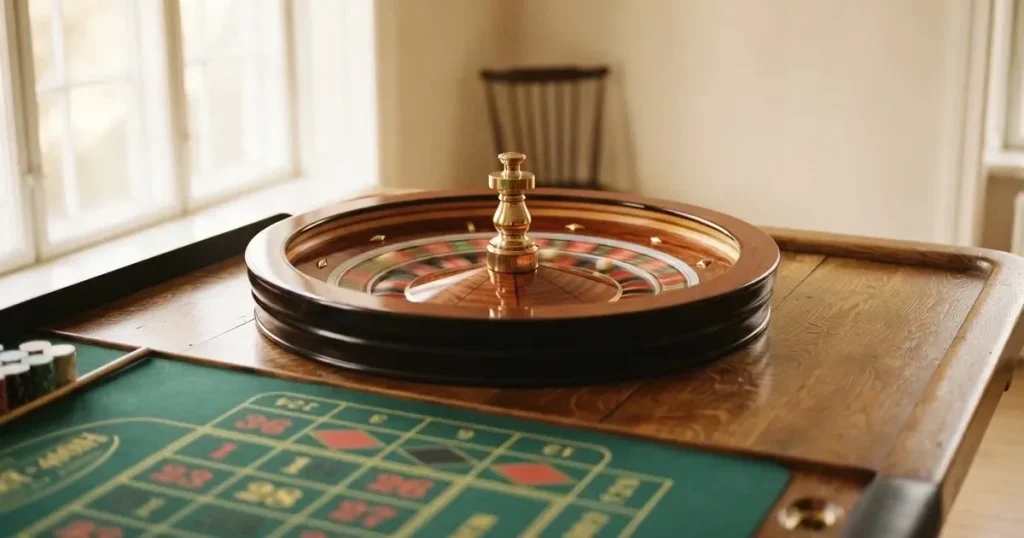 Ett lyckohjul med träpil snurrar i ett ljust rum, de färgglada fälten suddiga av farten — roulette med bonus i sverige