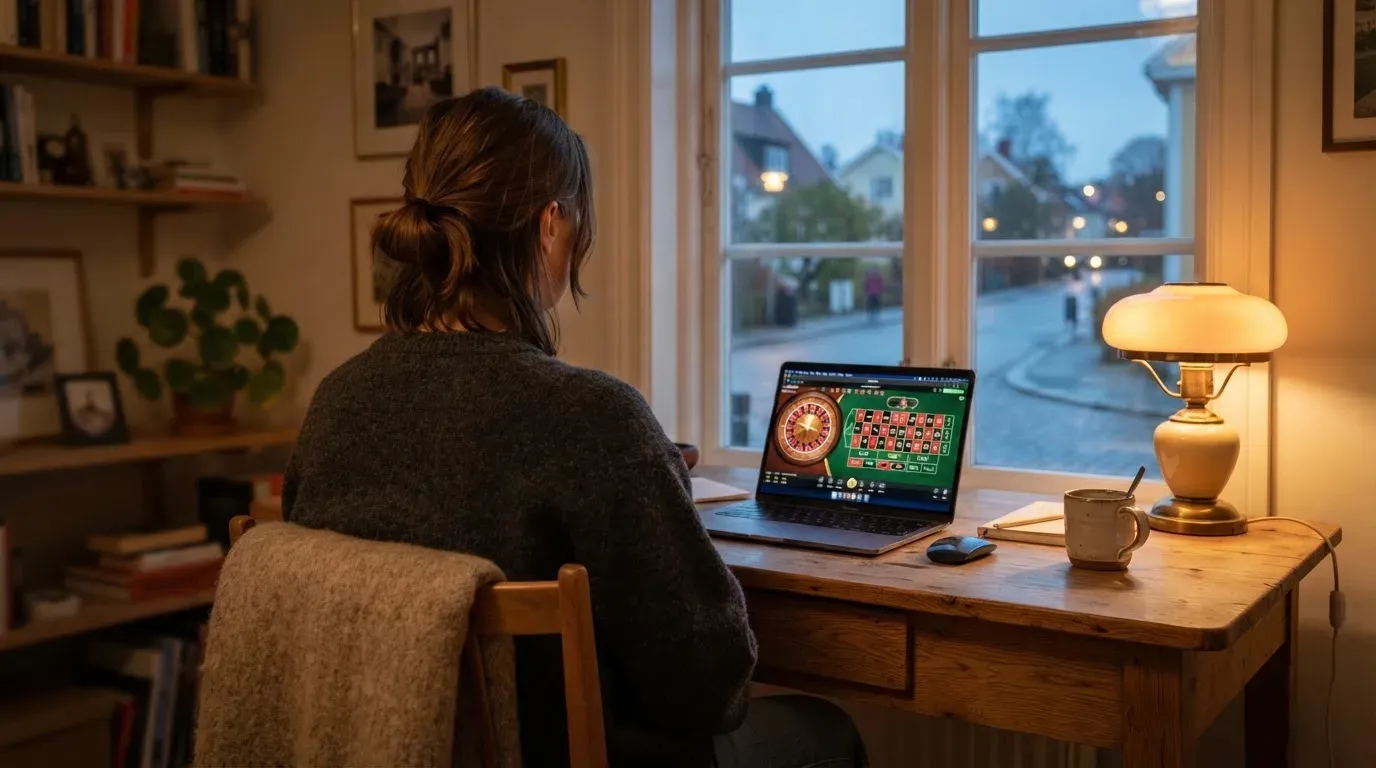 En person sitter vid ett skrivbord hemma med en kopp kaffe och tittar ut genom fönstret medan kvällsljuset faller in mjukt.