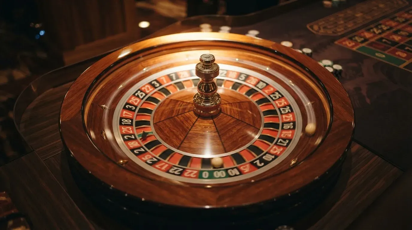 Ett roulettehjul snurrar på ett blankt träbord, den vita kulan glimmar i takljusets guld — roulette på nätet i sverige