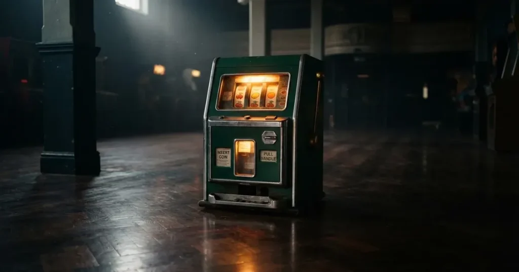 En gammal spelautomat lyser i den dunkla hallen och speglar sig i golvet — säkra casinon i sverige