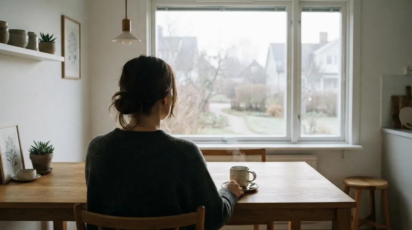 En person sitter vid köksbordet med en kopp kaffe och tittar ut genom fönstret i mjukt morgonljus.