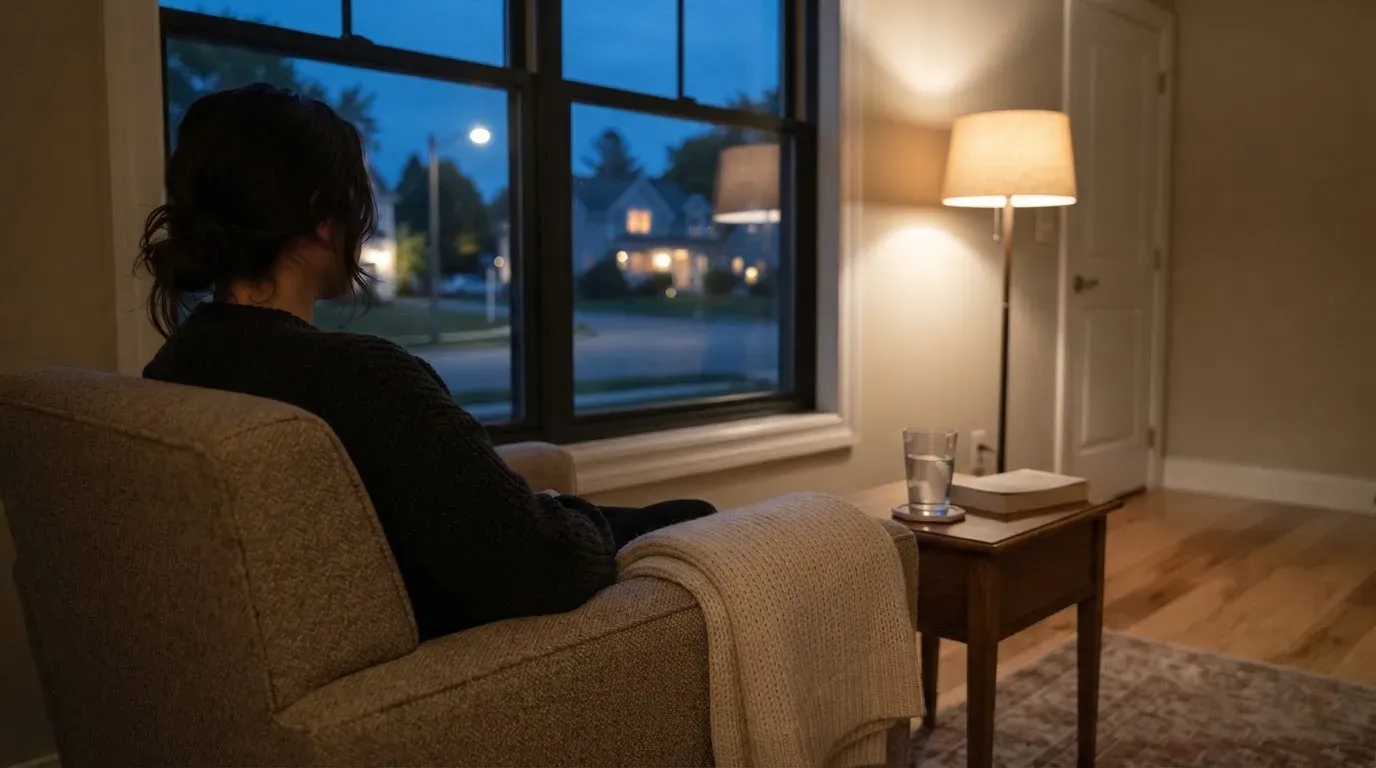En person sitter ensam i en fåtölj med händerna knäppta och blicken riktad ut genom fönstret en lugn kväll.