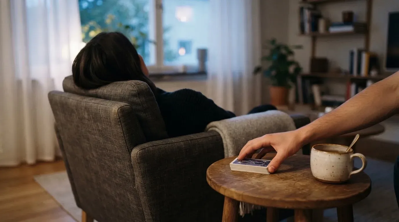 En person sitter hemma i en fåtölj och blandar en kortlek på ett litet bord, med mjukt kvällsljus genom fönstret i bakgrunden.