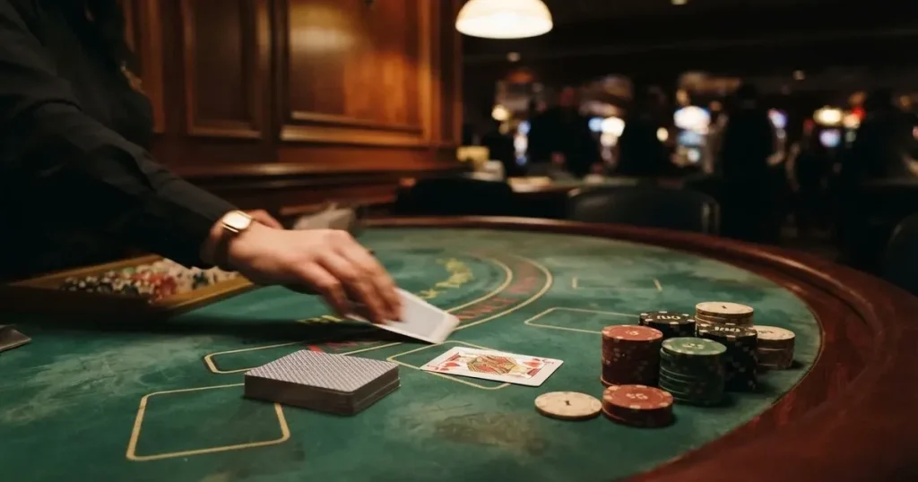 En närbild av ett grönt blackjackbord med kortlek, spelmarker i olika färger och suddiga händer som delar korten i mjukt ljus.