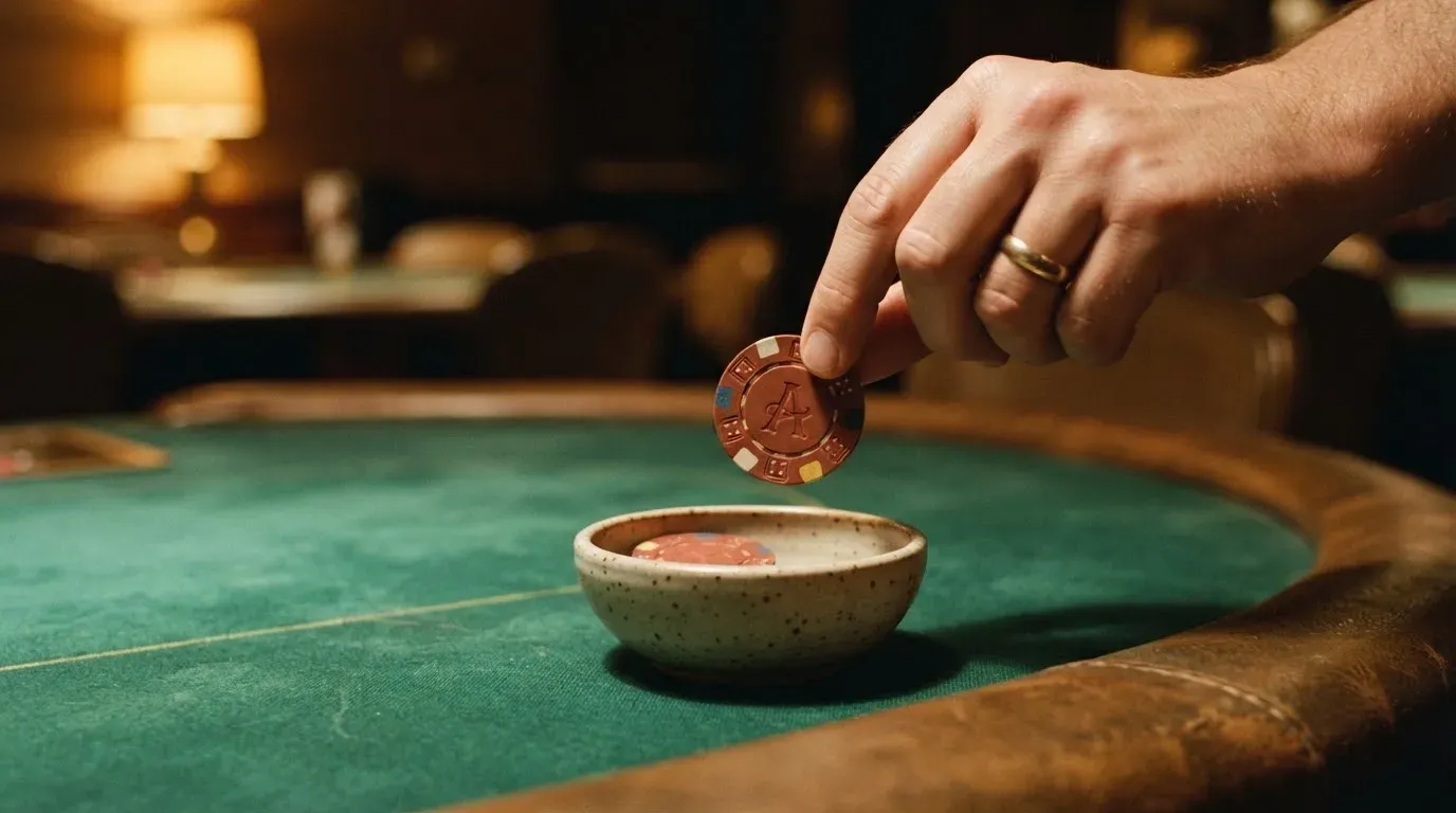 En hand lyfter en spelmark ur en skål, ljuslågan färgar bordet gyllenbrunt — spela roulette i sverige