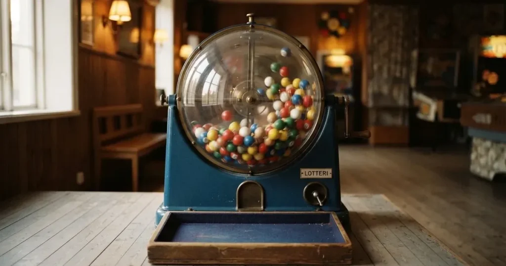 Färgglada bollar snurrar i en glaskupol i en lottomaskin, mjukt ljus speglas på kupolen — spelautomater gratis i sverige