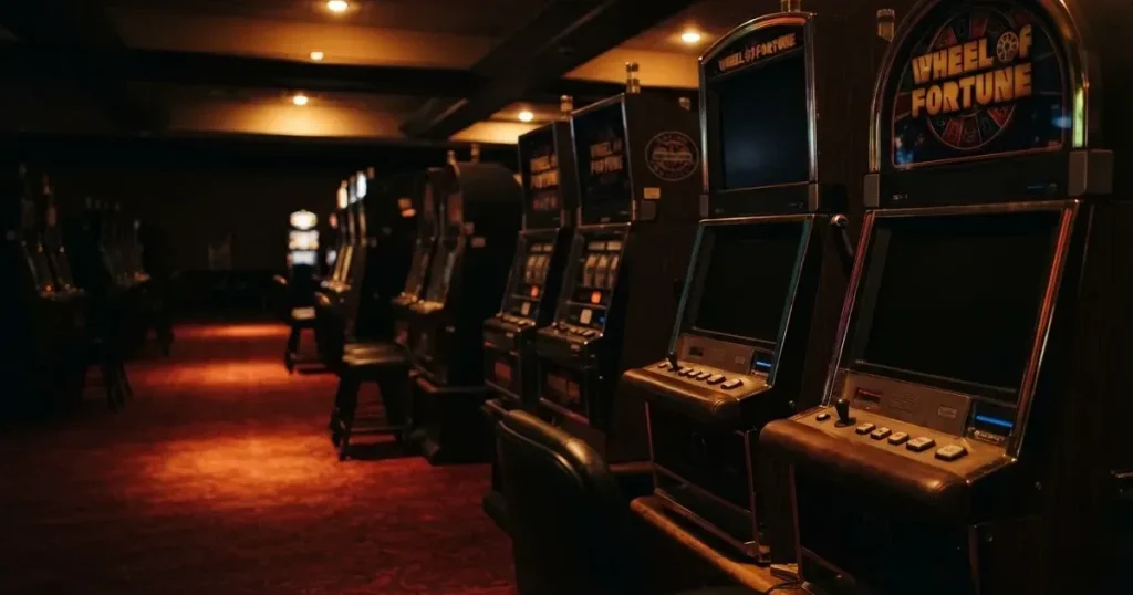 Rader av tomma spelautomater med släckta skärmar står uppställda i ett dimmat rum, fotograferat snett från sidan.