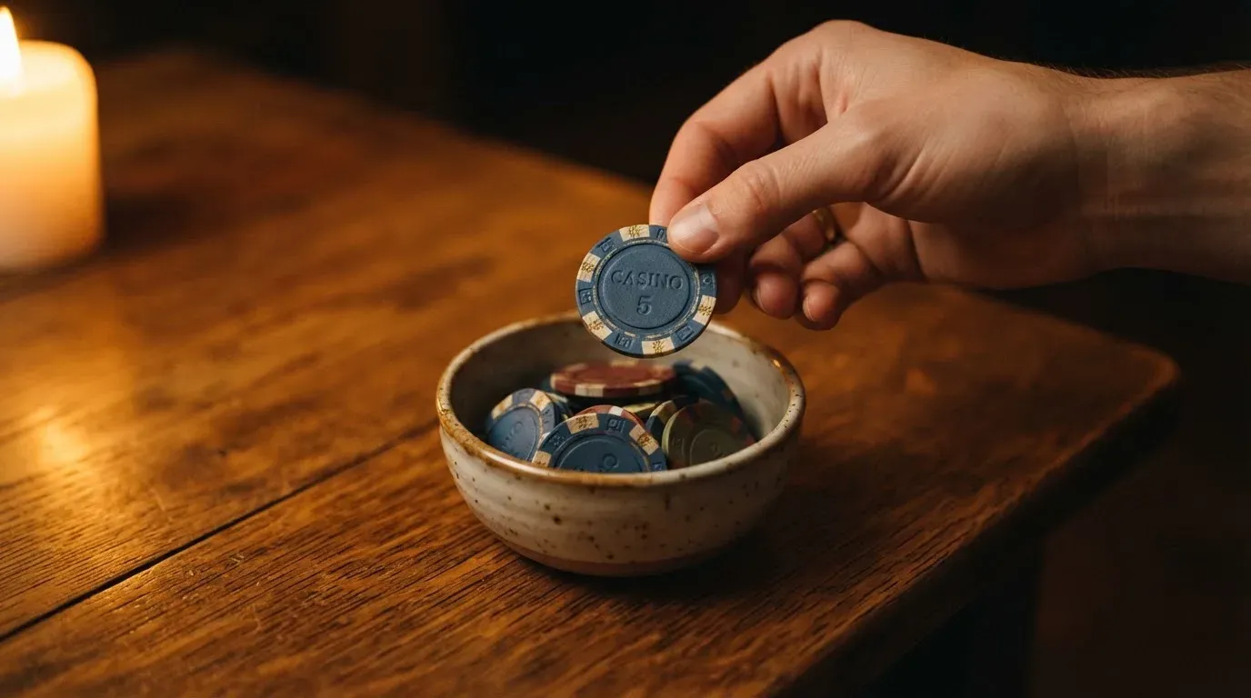 En hand lyfter en spelmark ur en skål, ljuslågan färgar bordet gyllenbrunt — spelautomater på nätet