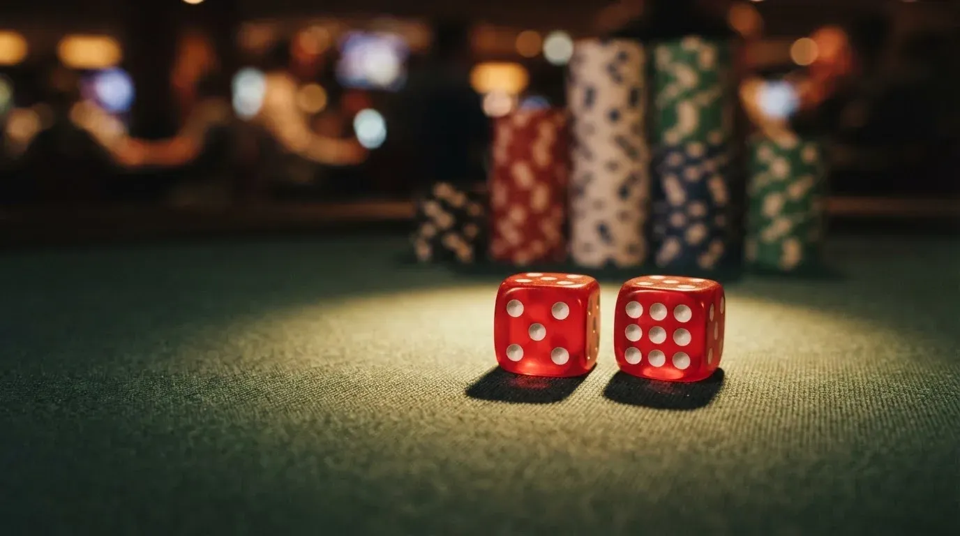 Röda tärningar vilar på grönt filt, bakom dem suddiga torn av spelmarker i kvällsdunklet — svenska casinon för high rollers