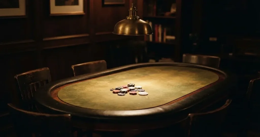 Ett ovalt pokerbord under en lågt hängande lampa, med spelmarker och en vit bricka i ljuset — svenska casinon för high rollers