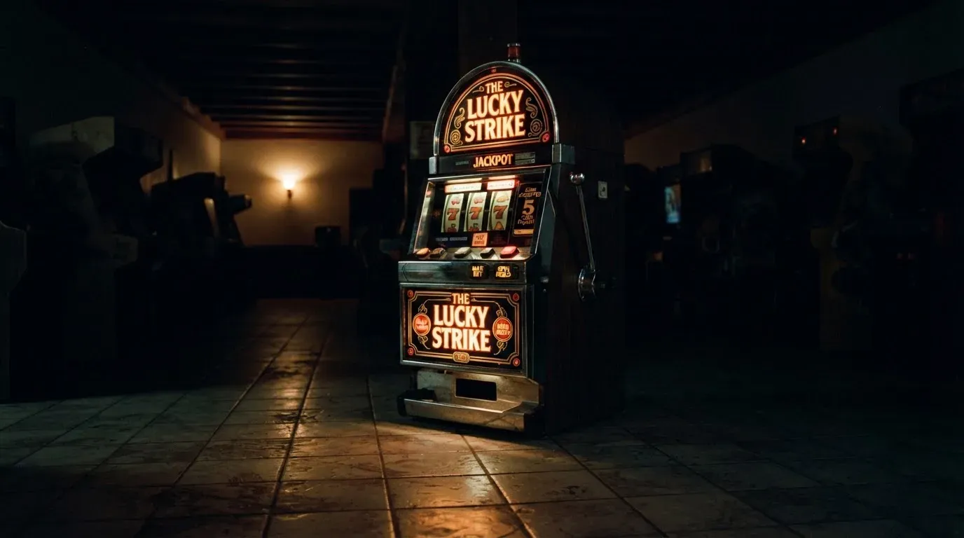 En gammal spelautomat lyser i den dunkla hallen och speglar sig i golvet — svenska casinon för storspelare